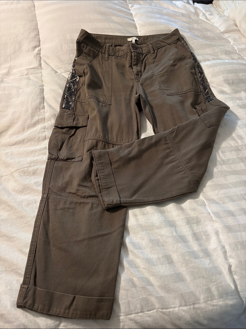 Joie Wide-Leg Cargo Pants with Sequin Side Panels - Brown
